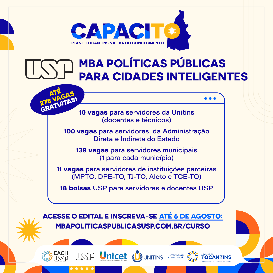 MBA em Políticas Públicas para Cidades Inteligentes da USP é ofertado gratuitamente para servidores do Tocantins